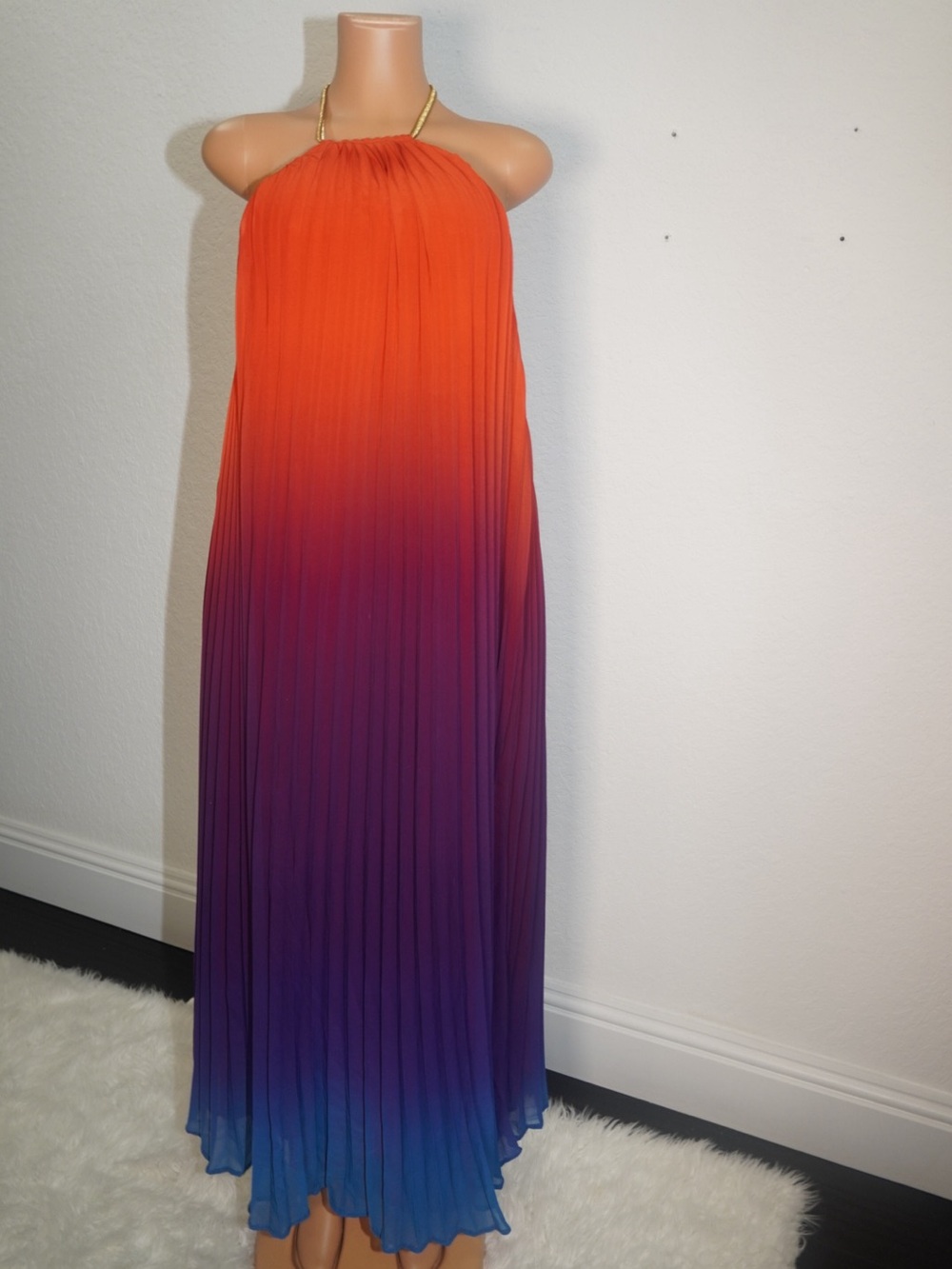 Halter Ombre Pleated Maxi Dress - Orange to Blue